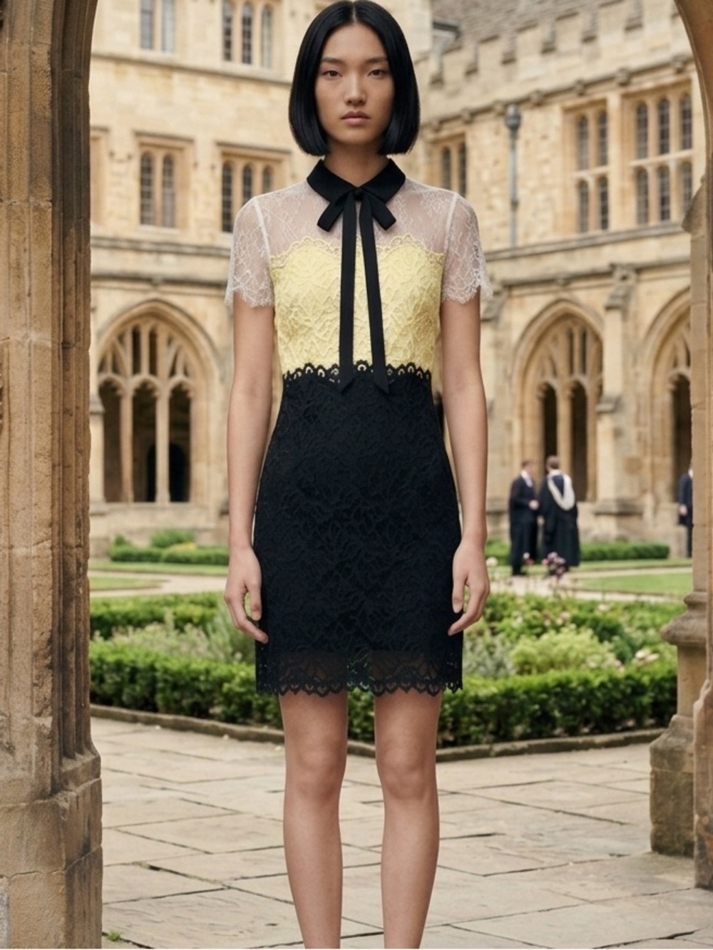 Sandro Black and Yellow Lace Midi Dress with Bow Collar